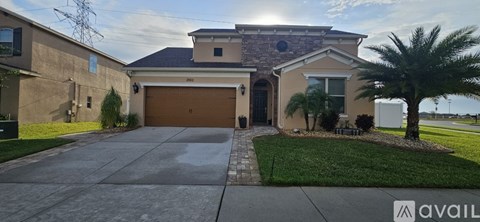 A house with a driveway and a palm tree in front.