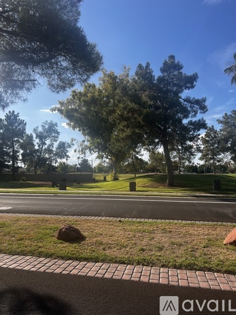 A tree-lined street with a brick sidewalk and a large rock in the grass.