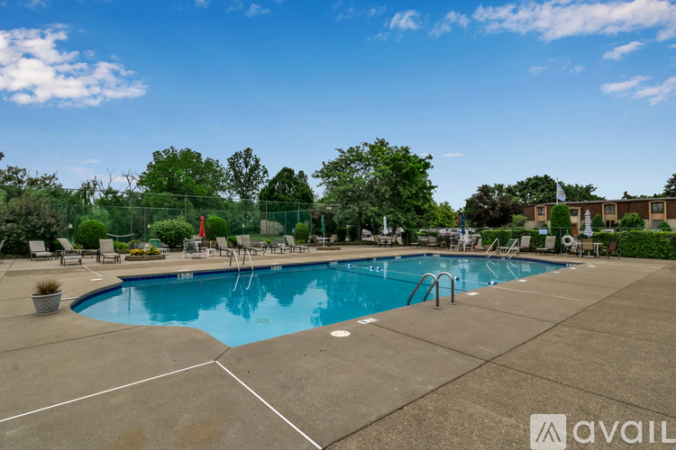 A large outdoor swimming pool surrounded by a concrete patio and trees.