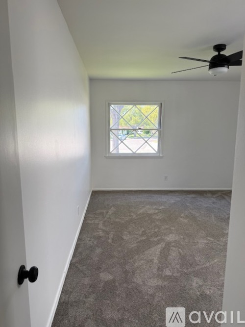 A room with a ceiling fan and a window with a view of trees.