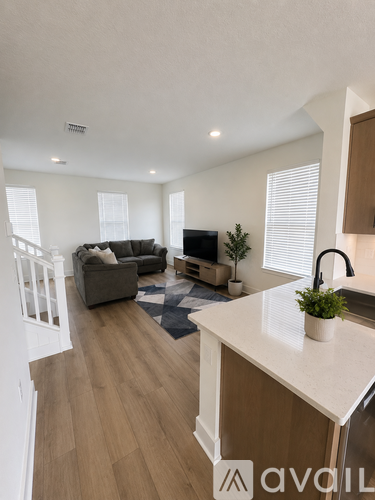 A living room with a couch, a television, and a plant on the counter.