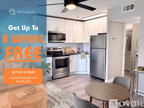 A modern kitchen with a promotion for a free 8-week lease.