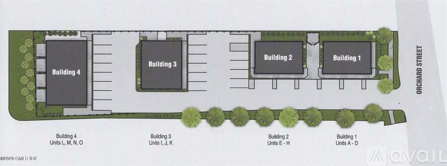 A drawing of a street with four buildings labeled from 1 to 4.