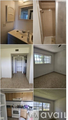 A series of images showing a bathroom, a hallway, a kitchen, and a bedroom.