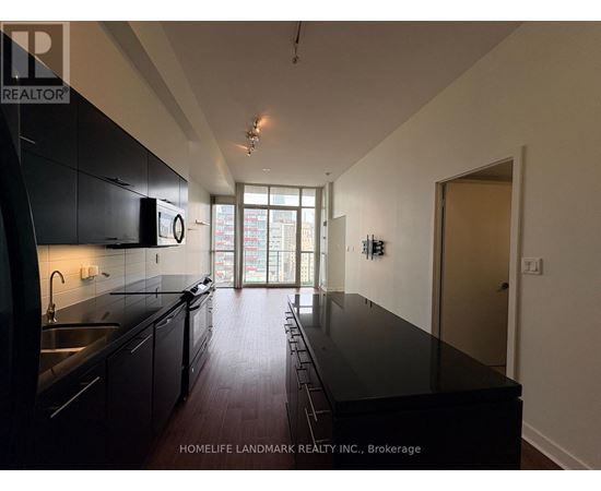 A kitchen with black cabinets and a black countertop.