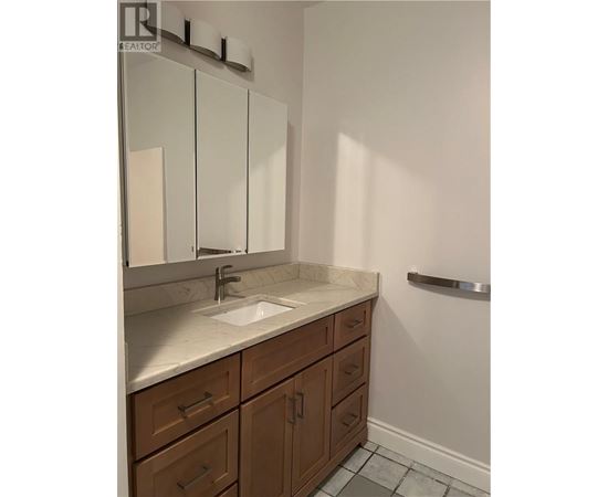 A bathroom with a sink, mirror, and wooden cabinets.
