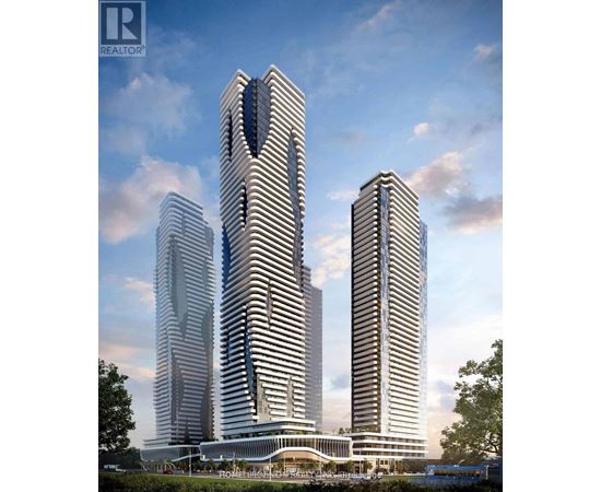 Three modern skyscrapers are depicted in the image.