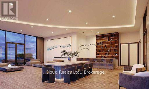 A modern living room with a large window overlooking the beach.
