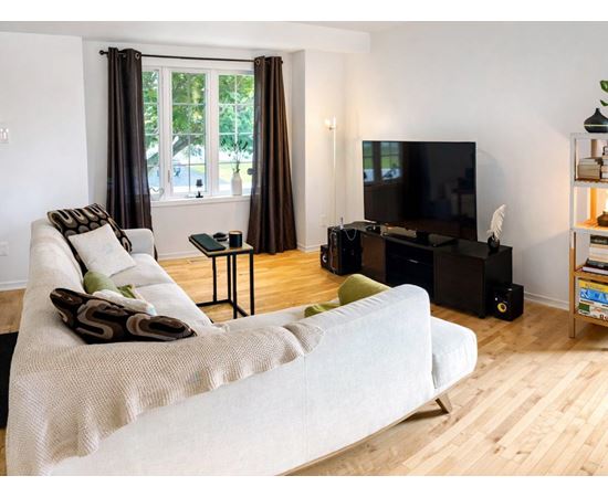 A living room with a white couch and a black television.