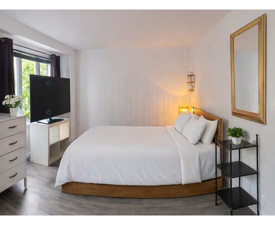 A bedroom with a large bed, a TV, and a mirror on the wall.