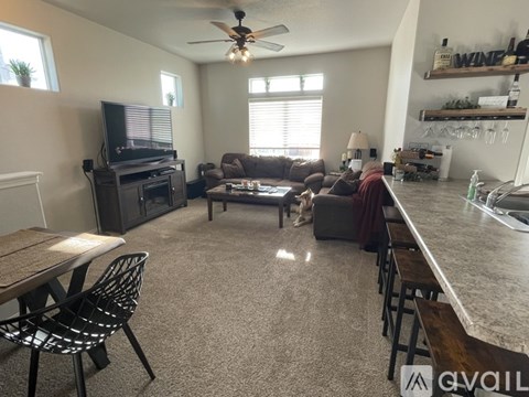 A living room with a brown couch and a television.