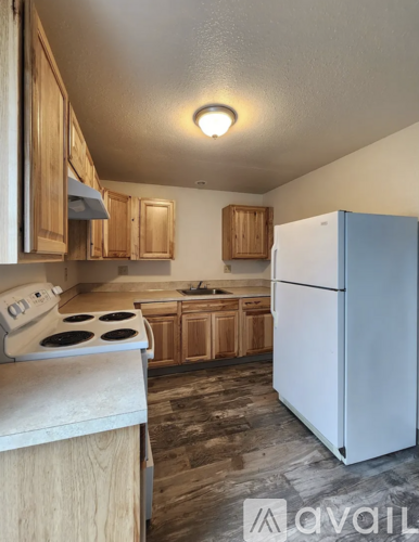 A kitchen with a white fridge and wooden cabinets.