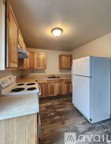 A kitchen with a white fridge and wooden cabinets.