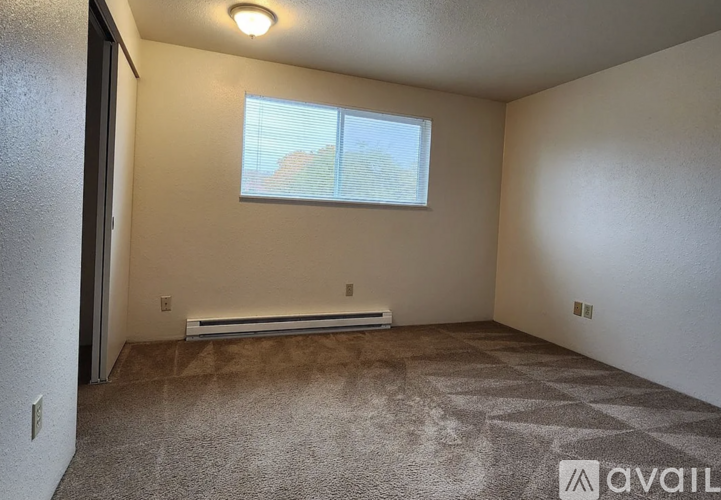 A room with a window and a carpeted floor.