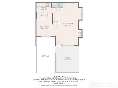 A floor plan of a house with a living room, dining area, kitchen, and bathroom.