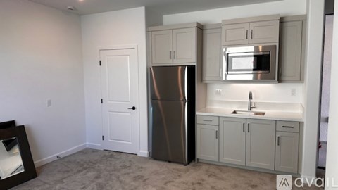 A kitchen with a fridge, microwave, and cabinets.