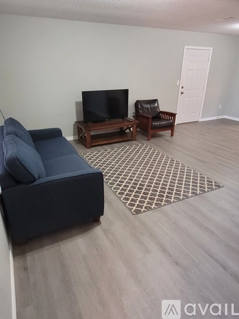 A living room with a blue couch, a television, and a patterned rug.