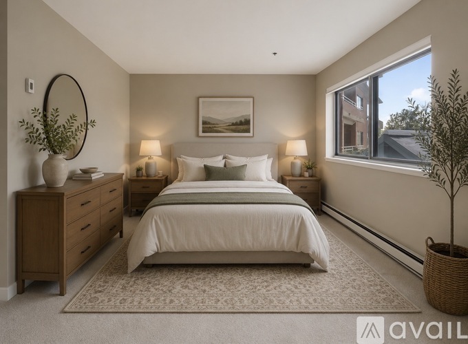 A well-lit bedroom with a large bed, a wooden dresser, and a framed picture on the wall.