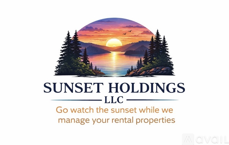 A logo for Sunset Holdings LLC with a sunset and trees in the background.