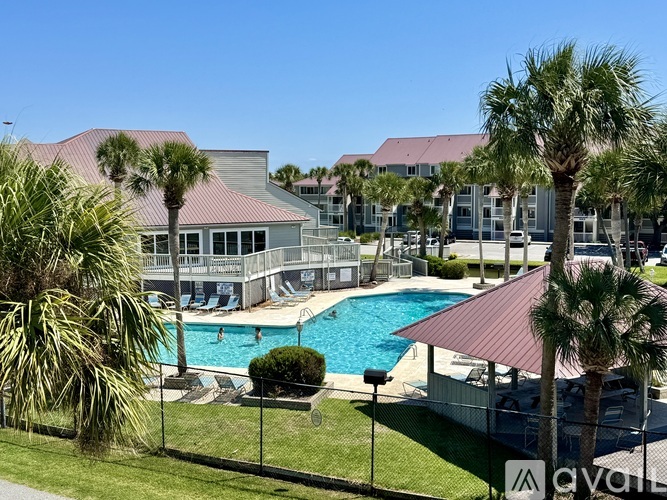 A pool surrounded by palm trees and a building in the background.