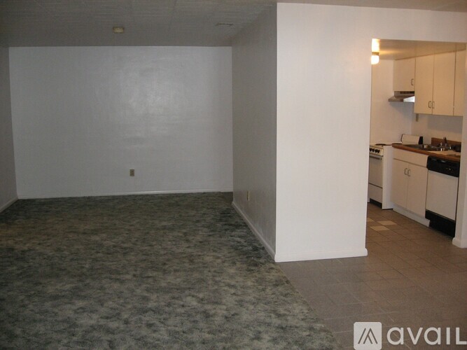 A room with a grey carpet and a white wall.
