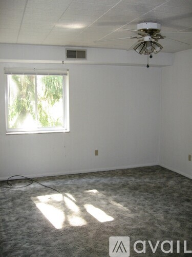 A room with a ceiling fan and a window letting in sunlight.