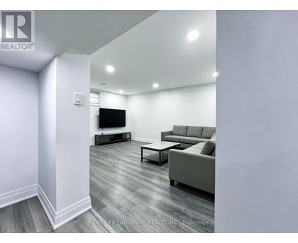 A living room with a grey couch and a television.