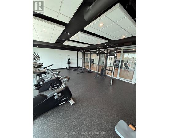 A gym with a variety of equipment including treadmills, weights, and exercise machines.