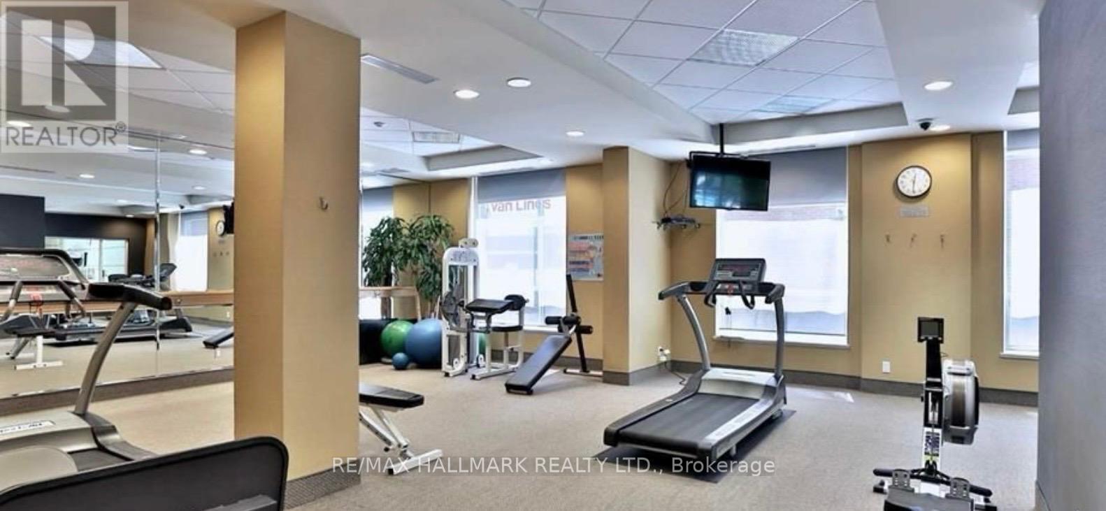 A gym with treadmills, exercise bikes, and other equipment is shown.