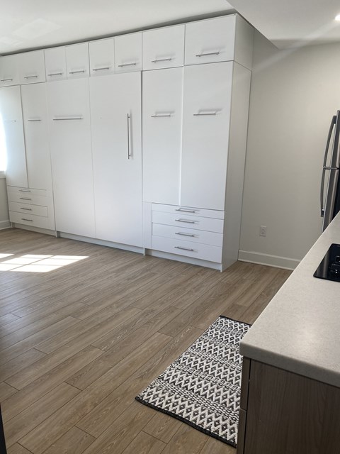 A kitchen with white cabinets and a black and white rug on the floor.