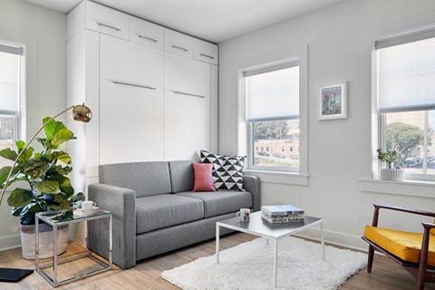 A living room with a grey couch, a glass table, and a potted plant.