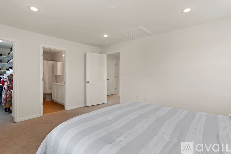 A bedroom with a large bed and a walk-in closet.