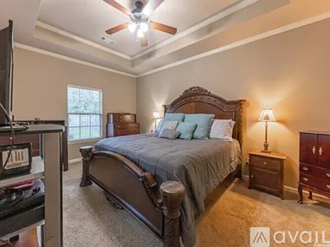 A bedroom with a large bed, a ceiling fan, and a nightstand with a lamp.