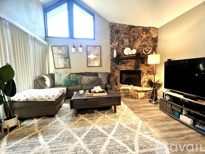A living room with a fireplace and a television.