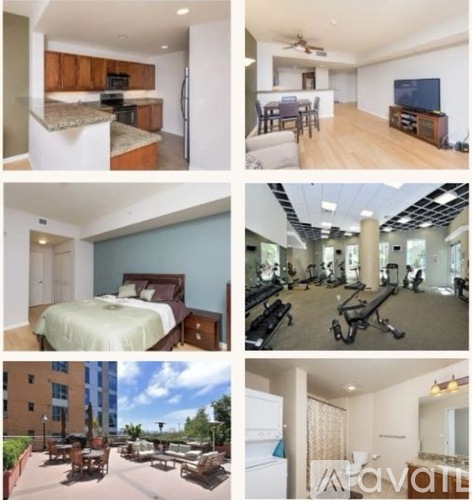 A collage of images showing various rooms of a house including a kitchen, living room, bedroom, gym, and outdoor seating area.