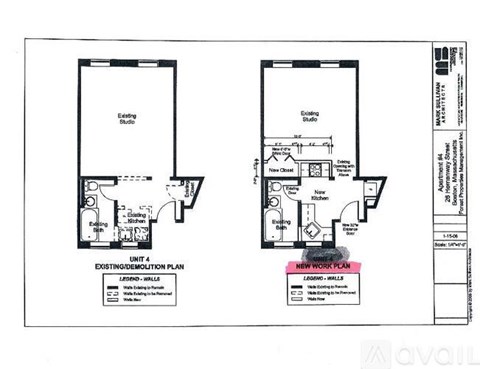 A floor plan shows the layout of an existing and a new work plan with labeled rooms and spaces.