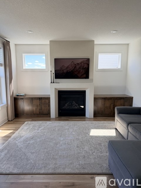 A living room with a grey couch and a fireplace.