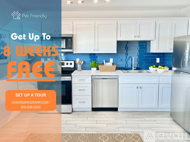 A kitchen with a promotion for a free 8 week lease.