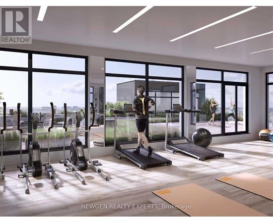 A gym with a variety of equipment including treadmills, weights, and exercise balls.