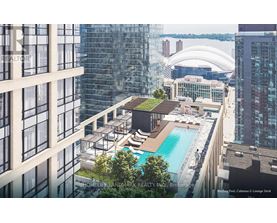 A rendering of a rooftop pool and lounge area on a high-rise building.