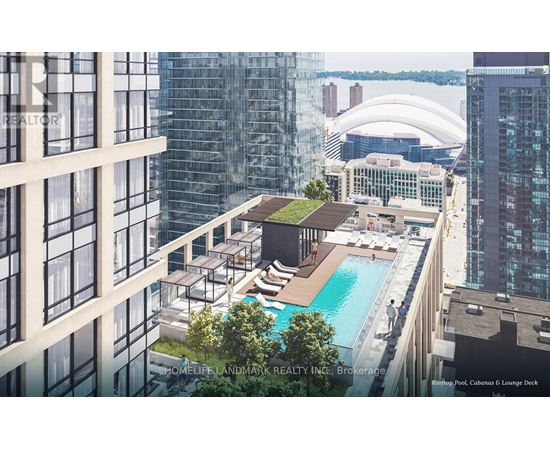 A rendering of a rooftop pool and lounge area on a high-rise building.