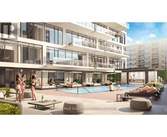 A group of people are enjoying the outdoor pool area of a Royal LePage Signature Realty Brokerage.
