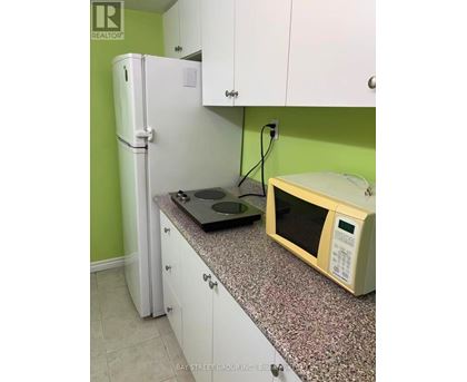 A kitchen with a white fridge and a microwave on a granite counter.