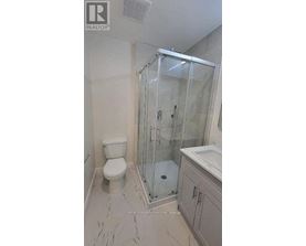 A white toilet sits next to a walk-in shower in a bathroom.