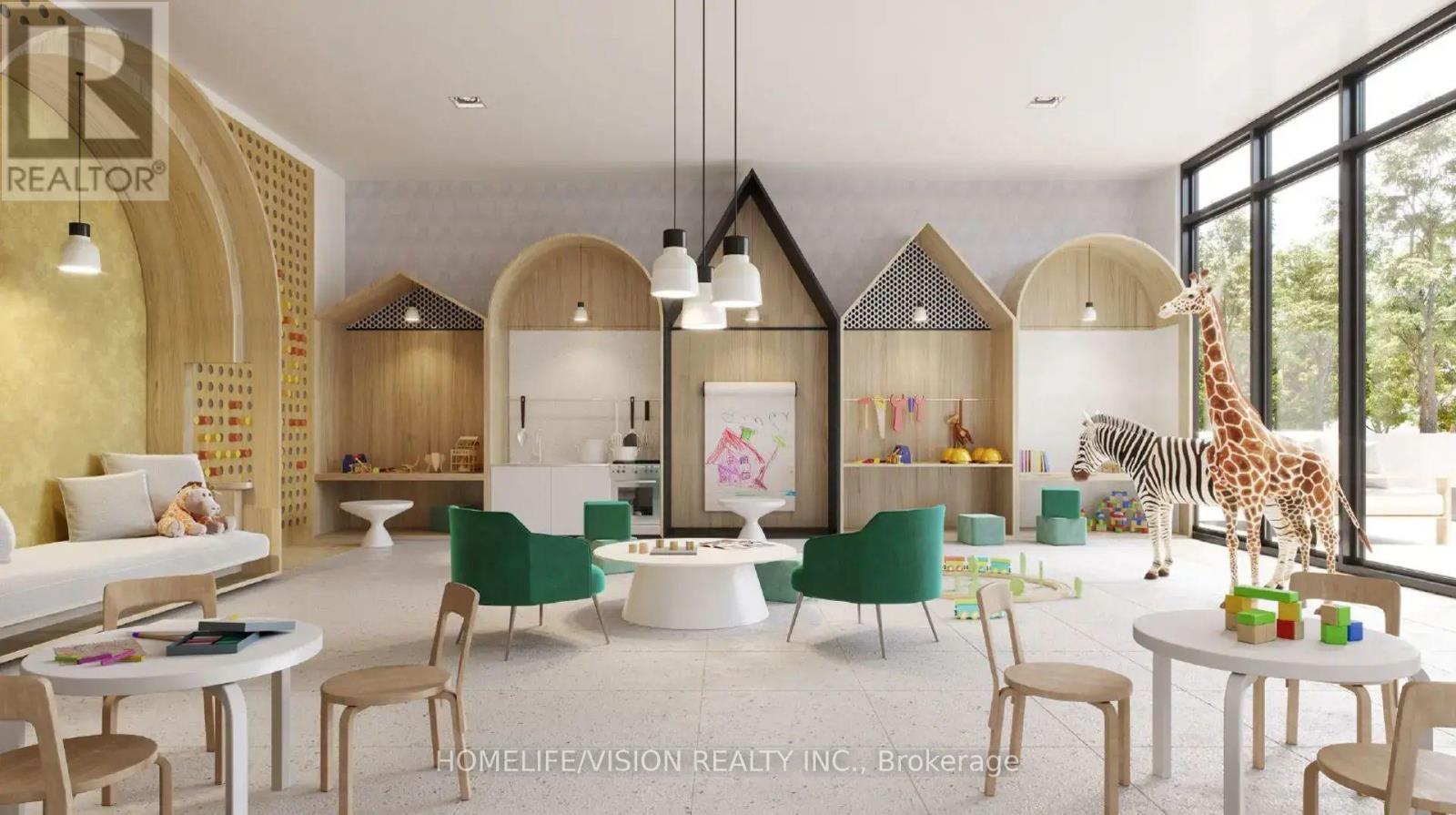 A living room with a white couch, a white coffee table, and a white dining table with chairs around it.