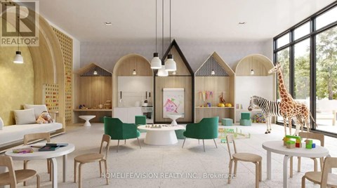 A living room with a white couch, a white coffee table, and a white dining table with chairs around it.