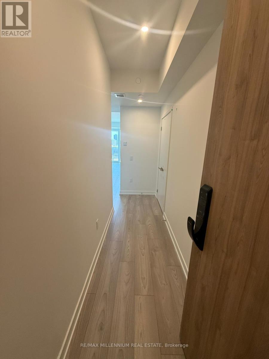 A hallway with a wooden door and a black handle.