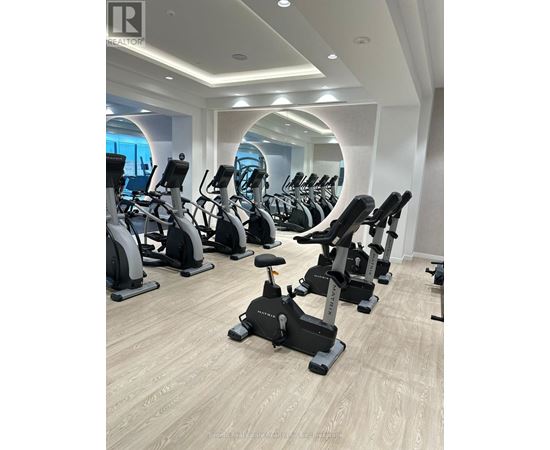 A gym with a row of stationary bikes.