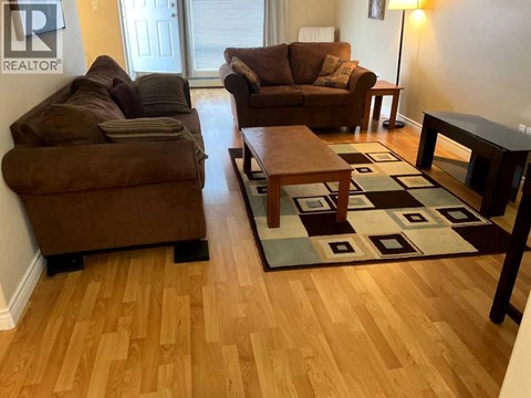 A living room with a brown couch and a rug.