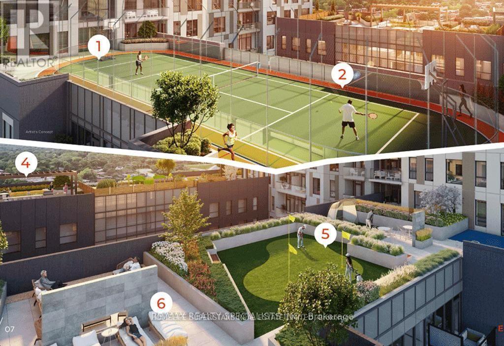 A tennis court with people playing tennis and a green space with people relaxing.
